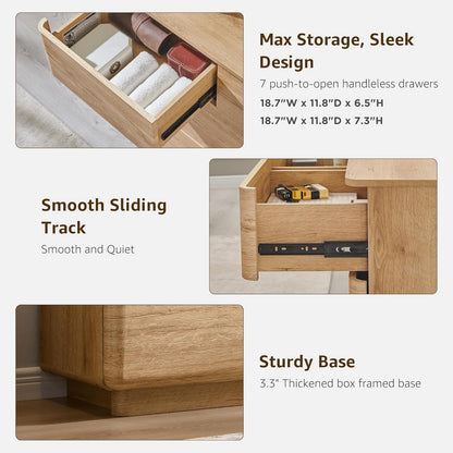 Modern 7 Drawer Dresser for Bedroom, 52" Wide Handleless Chest of Drawers, Large Push-to-Open Wood Storage w/Curved Profile, Dresser TV Stand for Bedroom, Living Room, Hallway, Natural Oak