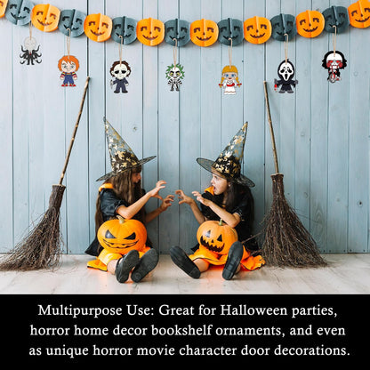 Black Halloween Tree with LED Lights and Spooky Wooden Hanging Ornaments Horror Movie Ornaments, Light Up Halloween Decor