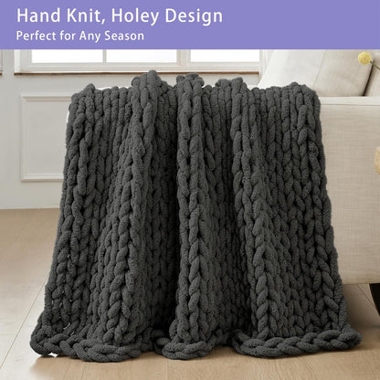 Bigacogo Chunky Knit Throw Blanket for Couch, 40x60 inches, 100% Hand Knitted with Thick Jumbo Chenille Yarn, Cozy Soft Large Rope Knot Cable Crochet Blankets for Sofa Bed Living Room, Dark Grey