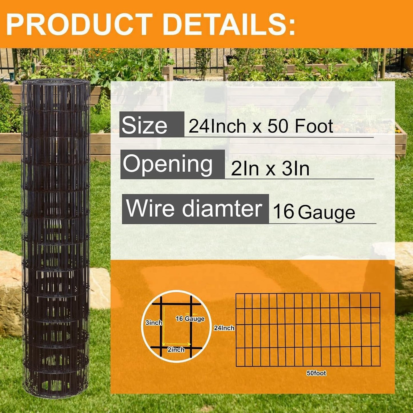 Wire Fence 24in x 50ft, 2X 3 16GA, Black PVC Coated Garden Fence for Yard Garden Border Fencing Roll Vinyl Coating Metal Wire Mesh for Yard Vegetable Plant Protection Poultry Netting