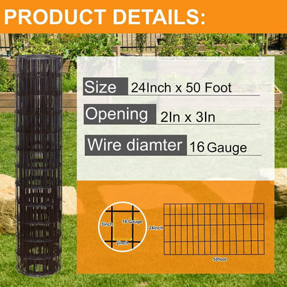 Wire Fence 24in x 50ft, 2X 3 16GA, Black PVC Coated Garden Fence for Yard Garden Border Fencing Roll Vinyl Coating Metal Wire Mesh for Yard Vegetable Plant Protection Poultry Netting