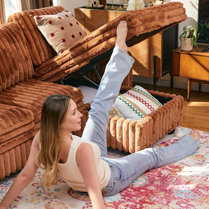 Belffin Corduroy Sleeper Sofa Bed with Storage Chaise Modular Sectional Sofa Couch with Pull Out Bed L Shaped Sectional Couches for Living Room Brick Red Couch