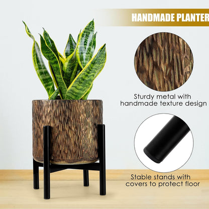 Harvest Land Plant Pots with Stand, Set of 2 Large Modern Planters Metal Tall Handmade Flower Pots with Drainage Holes Indoor Outdoor,Bronze