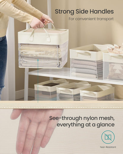 SONGMICS ClosetOrganizers Set of 3, Medium Fabric Storage Baskets, Foldable Organizer with Transparent Nylon Mesh, 15.7 x 11.8 x 9.8 Inches, Handles, for Bedroom, Living Room, Cream White URFB940W01