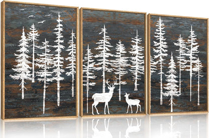 Celestdeco Modern White Forest Framed Canvas Wall Art Set, Minimalist Woodland Art Painting, Retro Tree Landscape Wall Decor, Wildland Deer Artwork for Living Room, Dining Room, Office - 24"x36"x3