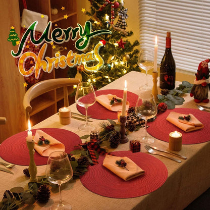 AHHFSMEI Round Braided Placemats Set of 6 Round Table Mats for Dining Tables Natural Woven Heat Resistant Place mats 15 Inch (Christmas red, 6)