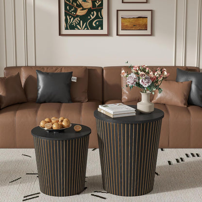 Round Coffee Table Set,2-Piece Modern Farmhouse Living Room End Table Set, Nesting Table Round Natural Finish for Living Room (Black, 17.72'')