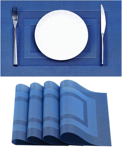 Leetaltree Blue Frame Placemats Set of 4 - Heat Resistant Non-Slip Place mats for Dining Table, Washable Durable PVC Vinyl Woven Table Mats（Blue Frame, 4）