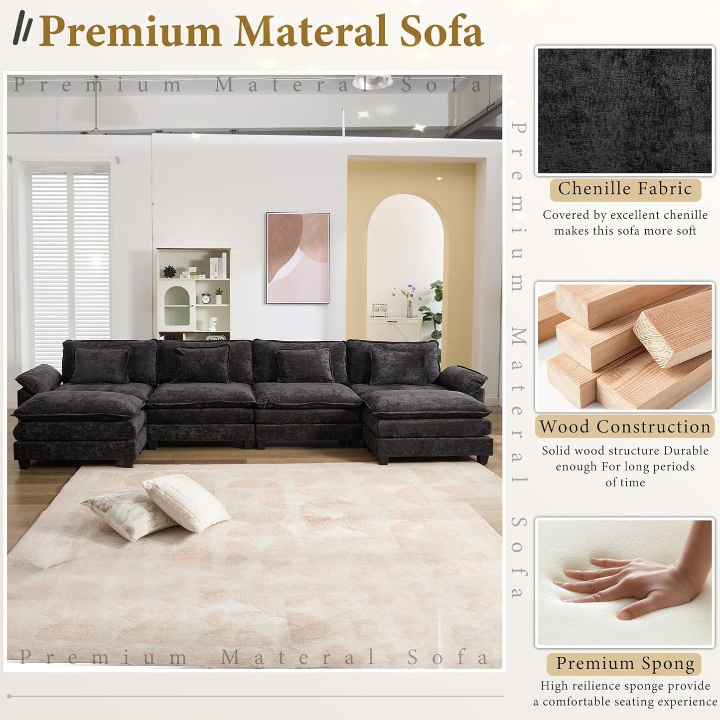 URRED Modular Sectional Sofa Comfy Cloud Couch, Modern Chenille Sofa Sleeper Deep Seat Couches with Ottoman/Pillows for Living Room (Black, 154'' - U Shape)