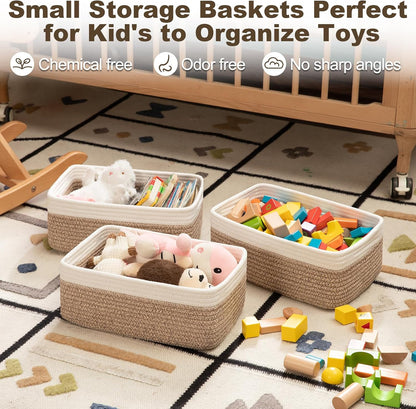 3 Pack Small Storage Baskets for Organizing, Cute Woven Decorative Gift Baskets for Shelves, Mini Closet Organizer Bins with Handles-13''Lx8.66''Wx5.11''H-Brown and White