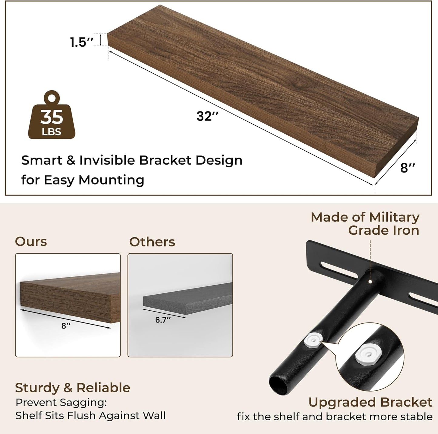 RICHFOCUS 31.5Inch Floating Shelves for Wall 2 Pack Shelves for Bedroom|Kitchen|Bathroom Wall Mounted Rustic Wood Floating Shelf with Invisible Brackets for Books|Storage|Decor, Walnut