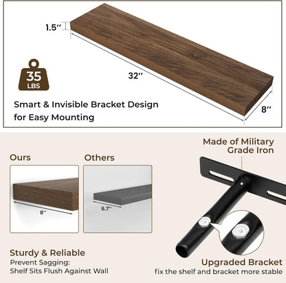 RICHFOCUS 31.5Inch Floating Shelves for Wall 2 Pack Shelves for Bedroom|Kitchen|Bathroom Wall Mounted Rustic Wood Floating Shelf with Invisible Brackets for Books|Storage|Decor, Walnut