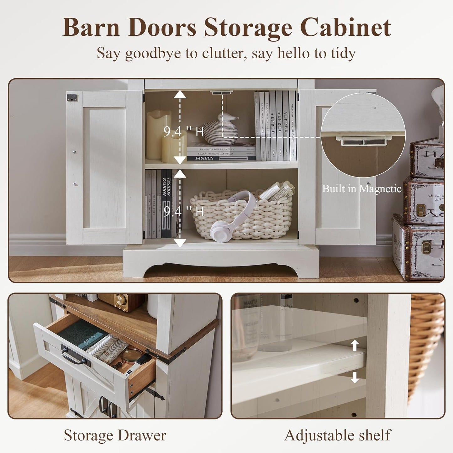 RedLemon Bookshelf with Storage Cabinet, 72" Tall Farmhouse Bookcase with Adjustable Shelves and Barn Door, 4 Tier Office Wood Bookshelf with Drawer for Office Library Living Room (Antuique White)