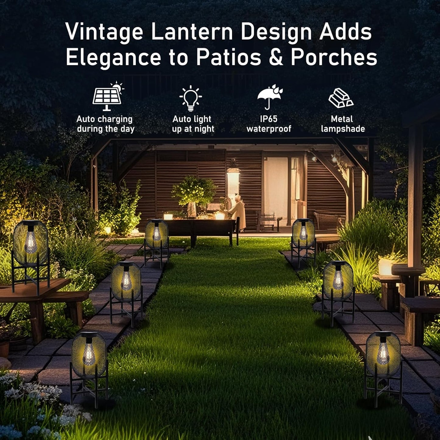 Solar Mesh Lantern Outdoor – 13.8" Tall Black Metal Patio Light with Edison Glass Bulb, Solar Powered Warm Glow LED, Waterproof IP65 for Garden, Porch, Deck, Tabletop Decor