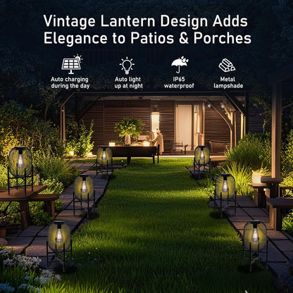 Solar Mesh Lantern Outdoor – 13.8" Tall Black Metal Patio Light with Edison Glass Bulb, Solar Powered Warm Glow LED, Waterproof IP65 for Garden, Porch, Deck, Tabletop Decor