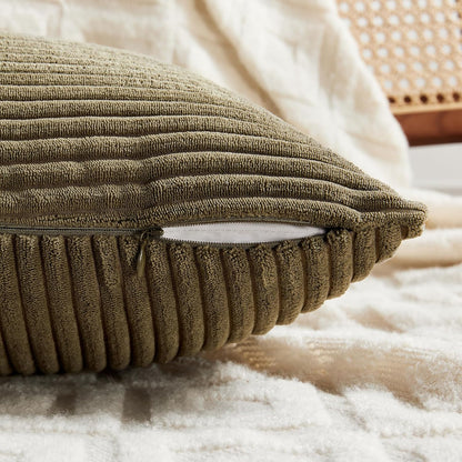 Fancy Homi 2 Packs Olive Green Long Lumbar Decorative Throw Pillow Covers 12x24 Inch for Couch Bed Sofa, Rustic Farmhouse Boho Home Decor, Soft Striped Corduroy Rectangle Accent Cushion Case 30x60 cm