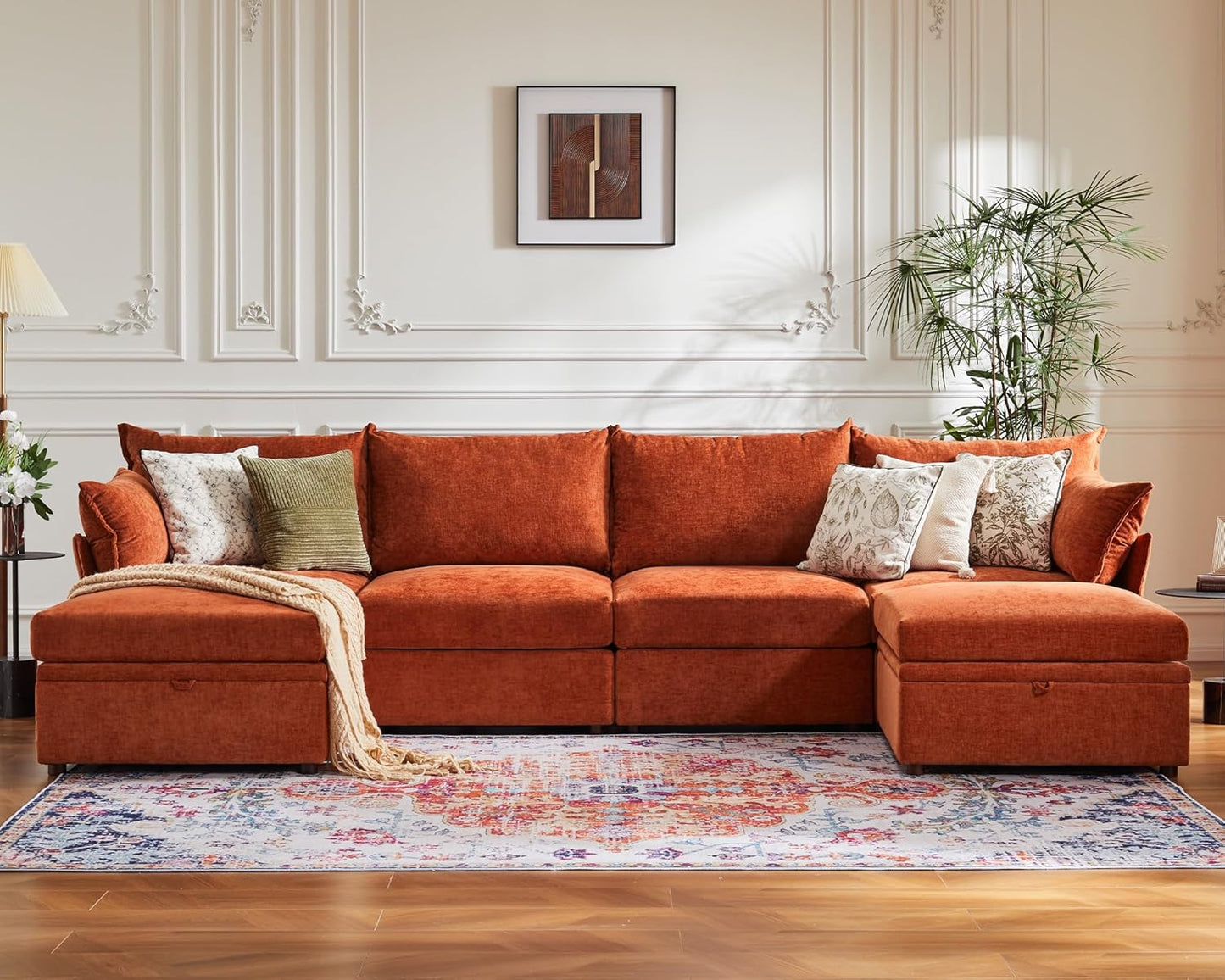 134.6" Oversized Modular Sectional Sofa, 6 Seater U Shaped Couch with Storage Ottoman with Reversible Chaise Deep Seat for Living Room, Apartment - Chenille Terracotta Orange
