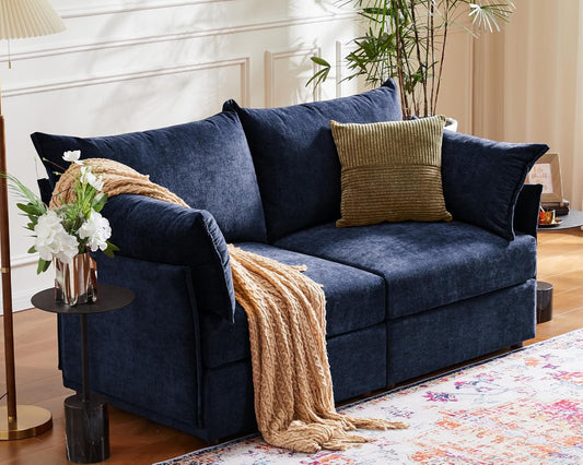 Oversized Loveseat Sofa, Modern Modular Sectional Couch Blue Fluffy Chenille Mid Century 2-Seat