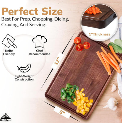 Handcrafted Walnut Wood Cutting Board 12x8, Non Toxic Kitchen Chopping Board with Juice Groove Charcuterie Serving Board, Eco & Knife Friendly Small Wooden Cutting Boards for Kitchen, Restaurant Use
