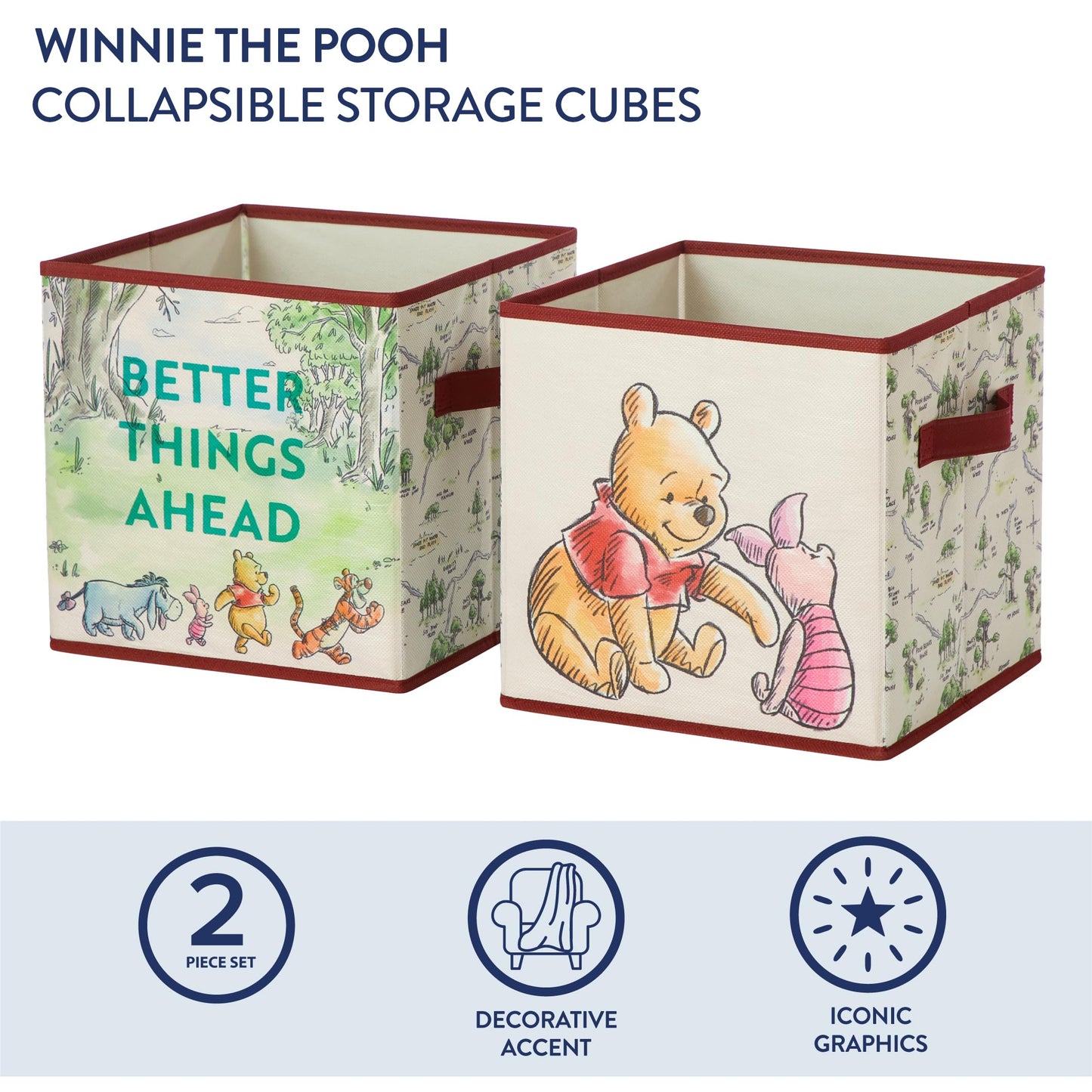 Disney Winnie the Pooh Storage Cubes, Set of 2 Fabric Storage Bins with Handles, 10x10 Collapsible