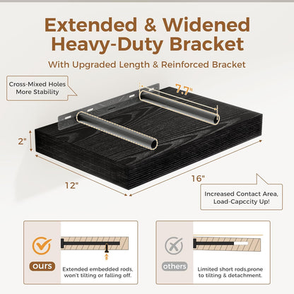 12 Inch Deep Black Floating Shelves, 16 x 12 Floating Shelf for Books, Rustic Wood Deep Wall Shelves for Home Storage & Display, 2" Thicked Shelves for Kitchen, Living Room, Bedroom, 2 Pack