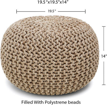 REDEARTH Round Pouf Ottoman - Hand Knitted Cable Boho Poof Home Décor Pouffe Circular Footrest for Living Room - Nursery - Bedroom - Lounge 100% Cotton (19.5"x19.5"x14") - Beige Ivory