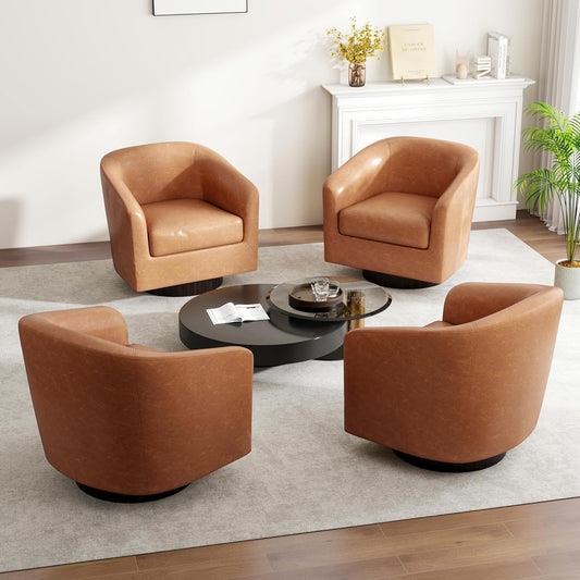 Swivel Barrel Accent Chair, Modern Round Faux Leather Arm Chair for Living Room, Bedroom, Comfy