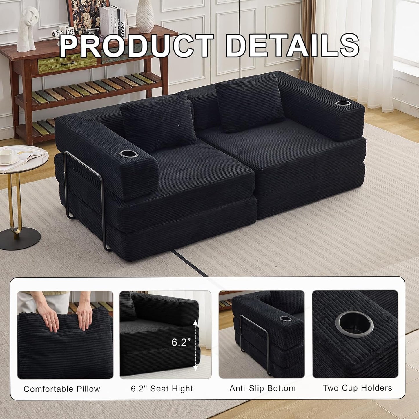 78" W Loveseat Sofa, 4 in 1 Convertible Floor Sofa Bed, Boneless Cloud Couch with Cup Holder, Fold Out Floor Couch, Loveseat Recliner Sleeper for Living Room Bedroom Lounge(Corduroy, White)