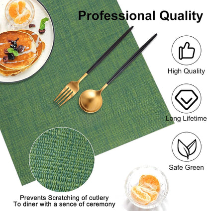 Vinyl Placemats Set of 6, PVC Woven Washable Non-Slip Table Mats, Heat Resistant Wrinkle Free Place Mats for Dining Table, Easy to Clean (6, Green)