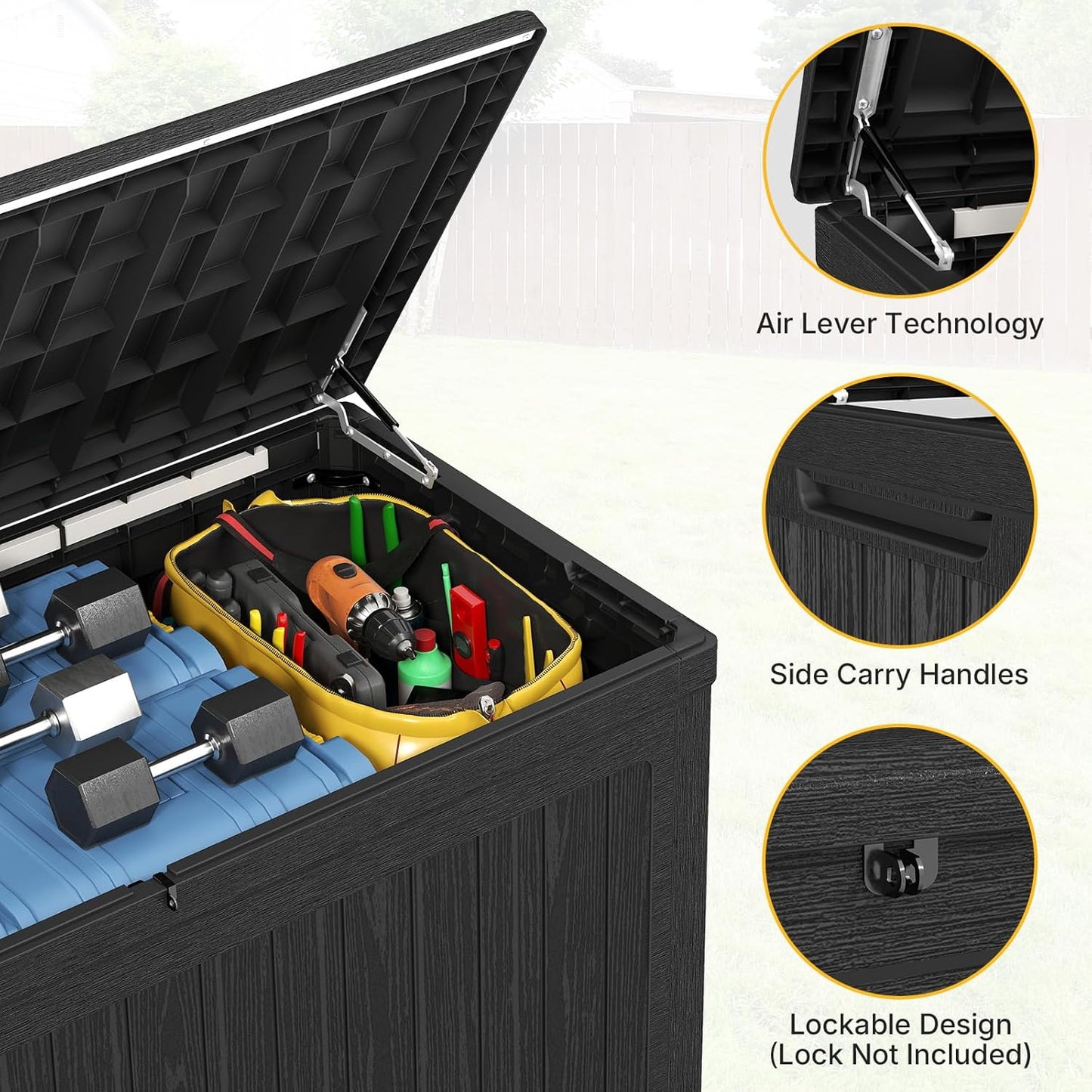 230 Gallon Deck Box Outdoor Waterproof, Large Storage Box Lockable, Black Deck Storage Bench, 440 lbs Load Capacity Outdoor Storage Bin for Garden, Patio, Pool, Boat