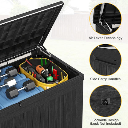 230 Gallon Deck Box Outdoor Waterproof, Large Storage Box Lockable, Black Deck Storage Bench, 440 lbs Load Capacity Outdoor Storage Bin for Garden, Patio, Pool, Boat