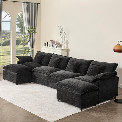 142.5" U Shaped Couch, Modular Sectional Sofa, 3-Seater Comfy Cloud Couch with Movable Ottoman, Deep Seat Couches for Living Room, Chenille, Black