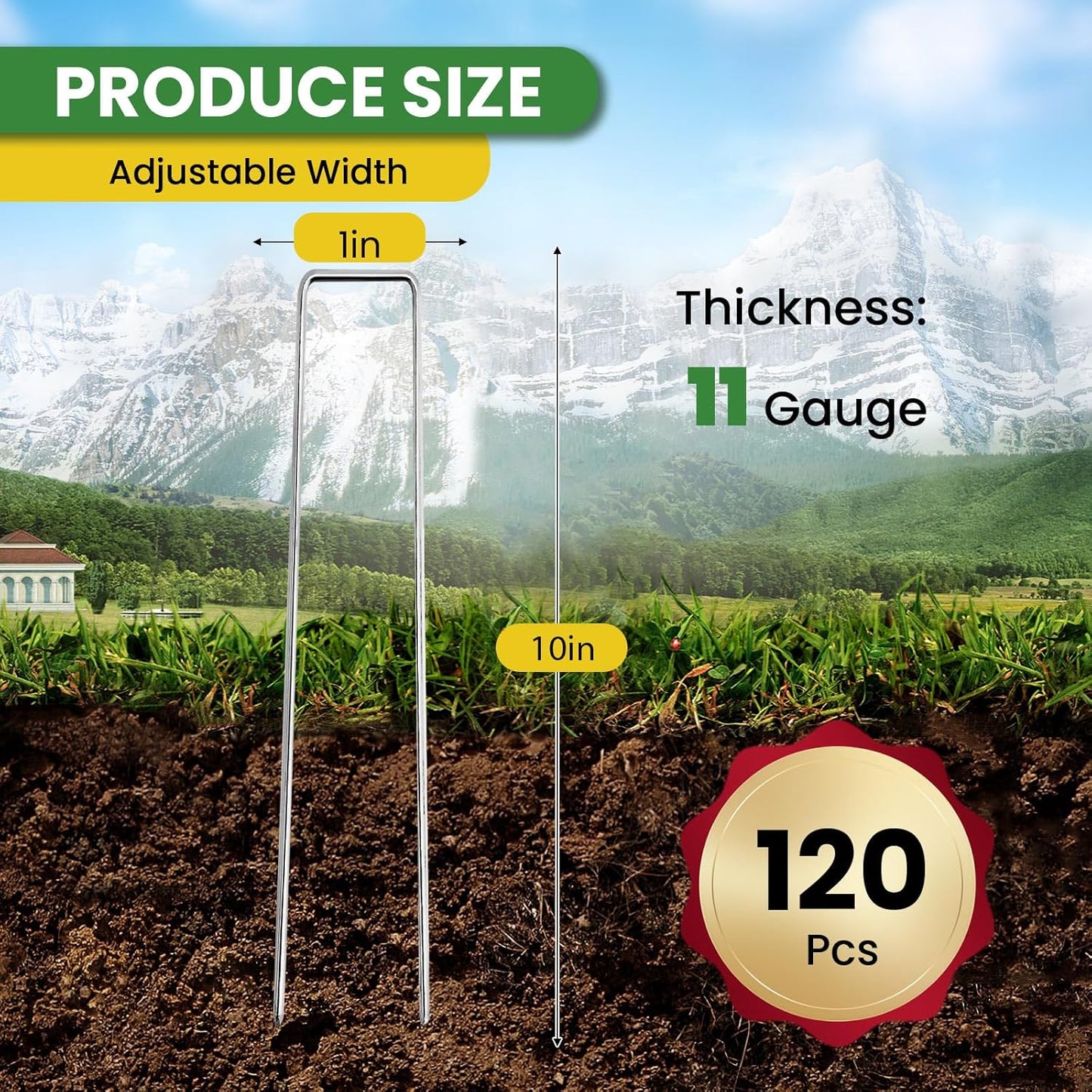 Landscape Staples 10 Inch 120 Pack, Garden Stakes Galvanized Garden Staples 11 Gauge, Plant Cover Stakes for Lawn Weed Barrier