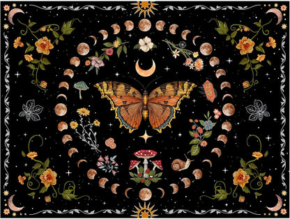 Aipon Orange Butterfly Moon Flower Tapestry Botanical Floral Plant Boho Tapestry for Bedroom Aesthetic Vintage Tapestries Wall Hanging for Living Room Dorm (68.00'' × 90.00'', Orange)