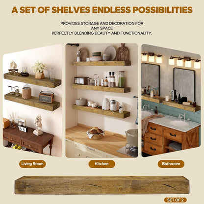 Floating Shelves 3 inch Thick for Wall Set of 2,Solid Pine Wood Wall Mount Shelf for Kitchen Living Room Bedroom Bathroom,8" D x 60" L x 3" H-Distressed Black Walnut