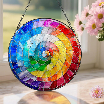 Stained Glass Window Hanging, 8 Inch Rainbow Spiral Stained Glass Suncatcher, Spiral Window Hanging Decor, Geometric Spiral Suncatcher Wall Decor, Gift for Women Men Wife Lovers and Mom