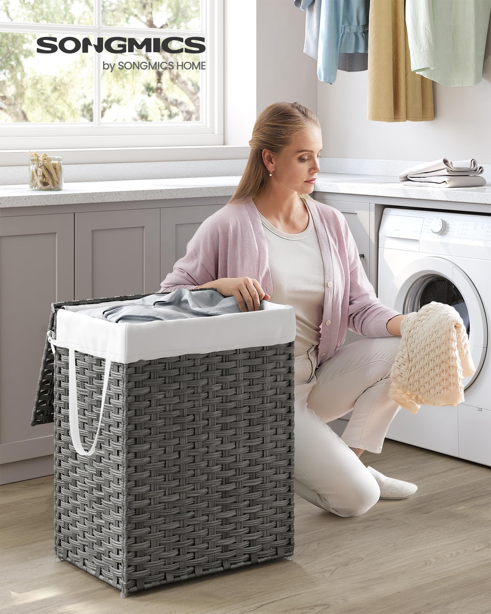 SONGMICS Laundry Hamper with Lid, 23.8 Gallon (90 L) Synthetic Rattan Clothes Laundry Basket with