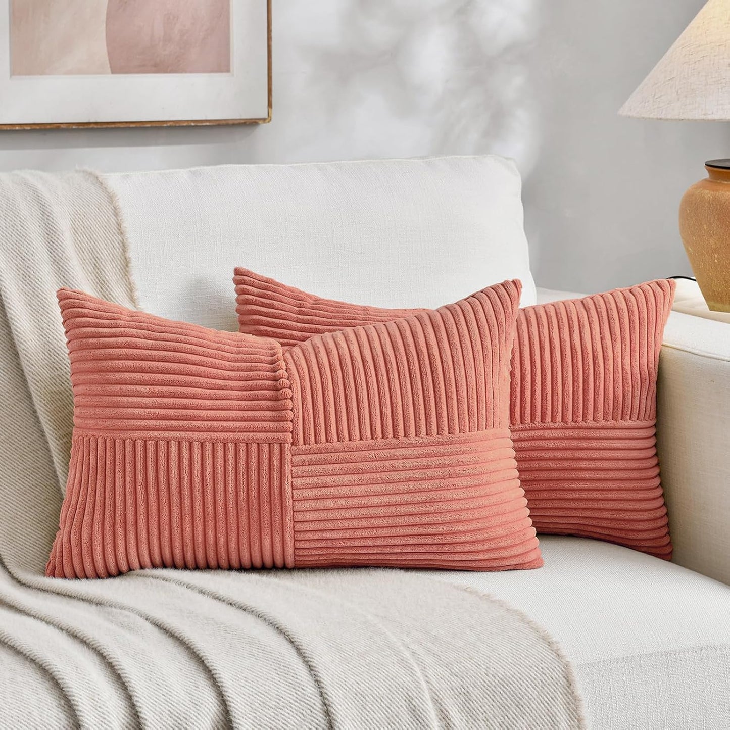 Fancy Homi 2 Packs Coral Lumbar Decorative Throw Pillow Covers 12x20 Inch for Living Room Couch, Rustic Farmhouse Boho Home Decor, Soft Striped Corduroy Rectangle Accent Peach Cushion Case 30x50 cm