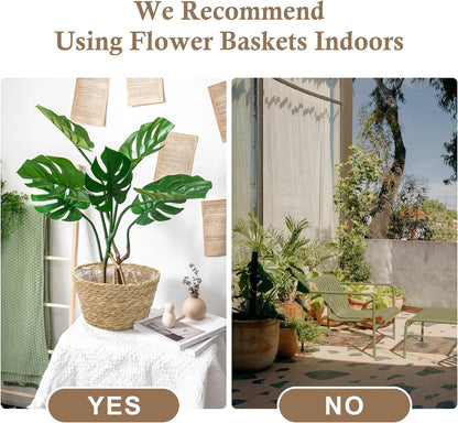 Athaliah Plant Basket Set of 3, Indoor Woven Planter Baskets with Plastic Liner, Water Hyacinth and Corn Husk Decorative Pots for Rustic Home & Floor Plant Decor (Natural Color-3)