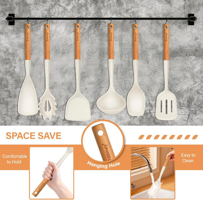 Silicone Cooking Utensils Set, 6 Pack Large Kitchen Utensils Set with Wooden Handle, Heat Resistant Silicone Utensil Spatula Set for Nonstick Cookware, Spatula, Turner, Spoon, Ladle BPA Free (White)
