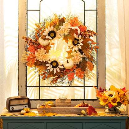 Fall Wreaths for Front Door Decor - Walasis 20 Inch Thanksgiving Wreath with Maple Leaves White Pumpkin Daisy Sunflower Wreath Autumn Harvest Decorations for Table Front Porch