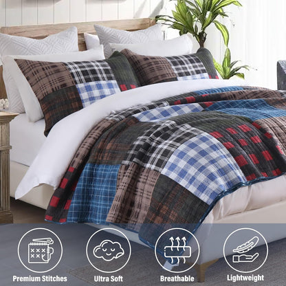 NEWLAKE Quilt Set Queen Size, Cotton Patchwork Blue Black Checkered Patterns Quilt Sets, Reversible Bedspread Lightweight and Breathable for All Seasons, Soft Quilted Bedspread with 2 Pillow Shams