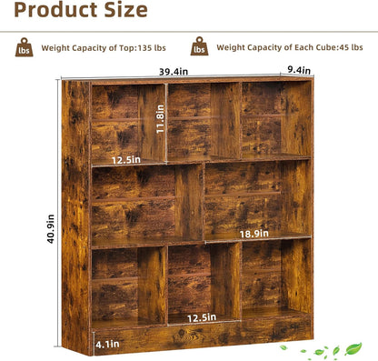 LEYAOYAO 8 Cube Bookshelf with Wood Base, Brown 3 Tier Mid-Century Modern Bookcase,Standing Wide Bookshelves Storage Organizer Shelf,Rustic Display Cabinet Book Shelves for Bedroom,Living Room,Office