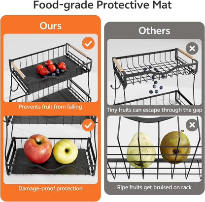 2 Tier Fruit Basket with 2 Banana Hangers, Fruit Bowl for Kitchen Countertop with 2 Wooden Handle, Detachable Metal Fruit Holder for Vegetable Bread with 2 Protective Pads, Black