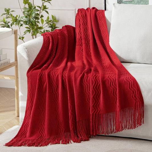 MIULEE Red Knitted Throw Blanket for Couch Boho Textured Cozy Woven Blanket with Tassels for Sofa Chair Bed Living Room Acrylic Wave Pattern 50"x60"