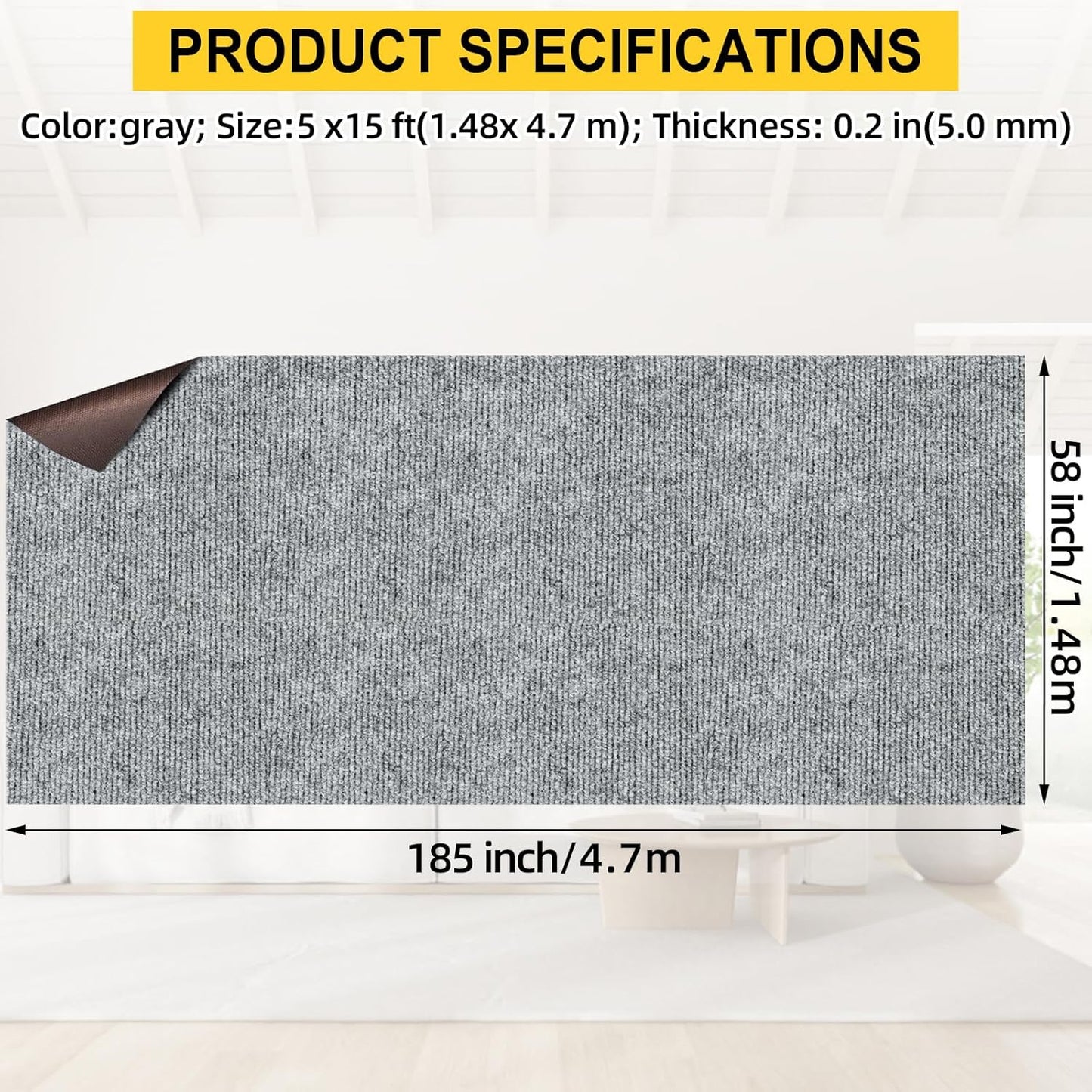 Marine Carpet,5 FT x 15 FT Smoke Gray Indoor Outdoor Carpet 0.2" Thick Boat Carpet with Water-Proof TPE Backing, Non-Slide Outdoor Marine Carpet Roll for Home, Patio, Porch, Deck