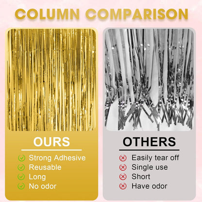 3 Pack 3.3x8.2 Feet Gold Foil Fringe Backdrop Curtains, Tinsel Streamers, Fringe Backdrop for 2025 New Years Eve, Graduation, Birthday, Baby Shower, Gender Reveal, Disco Party