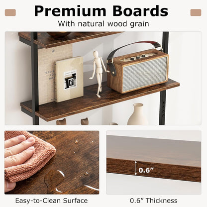 Giantex 4-Tier Industrial Bookshelf, Wall Mounted Pipe Shelving Unit, Floating Shelves with Metal Frame, Hanging Wall Display Shelf, Wood Ladder Bookshelf for Living Room, Kitchen, Rustic Brown