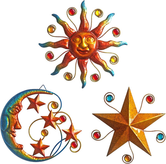 Limygus Metal Wall Art Sculpture, Set of 3 - Celestial Wall Decoration - Sun Moon Star Decorative Silhouette - Waterproof Wall Hanging Decor for Home Office, Bedroom, Bathroom, Living Room
