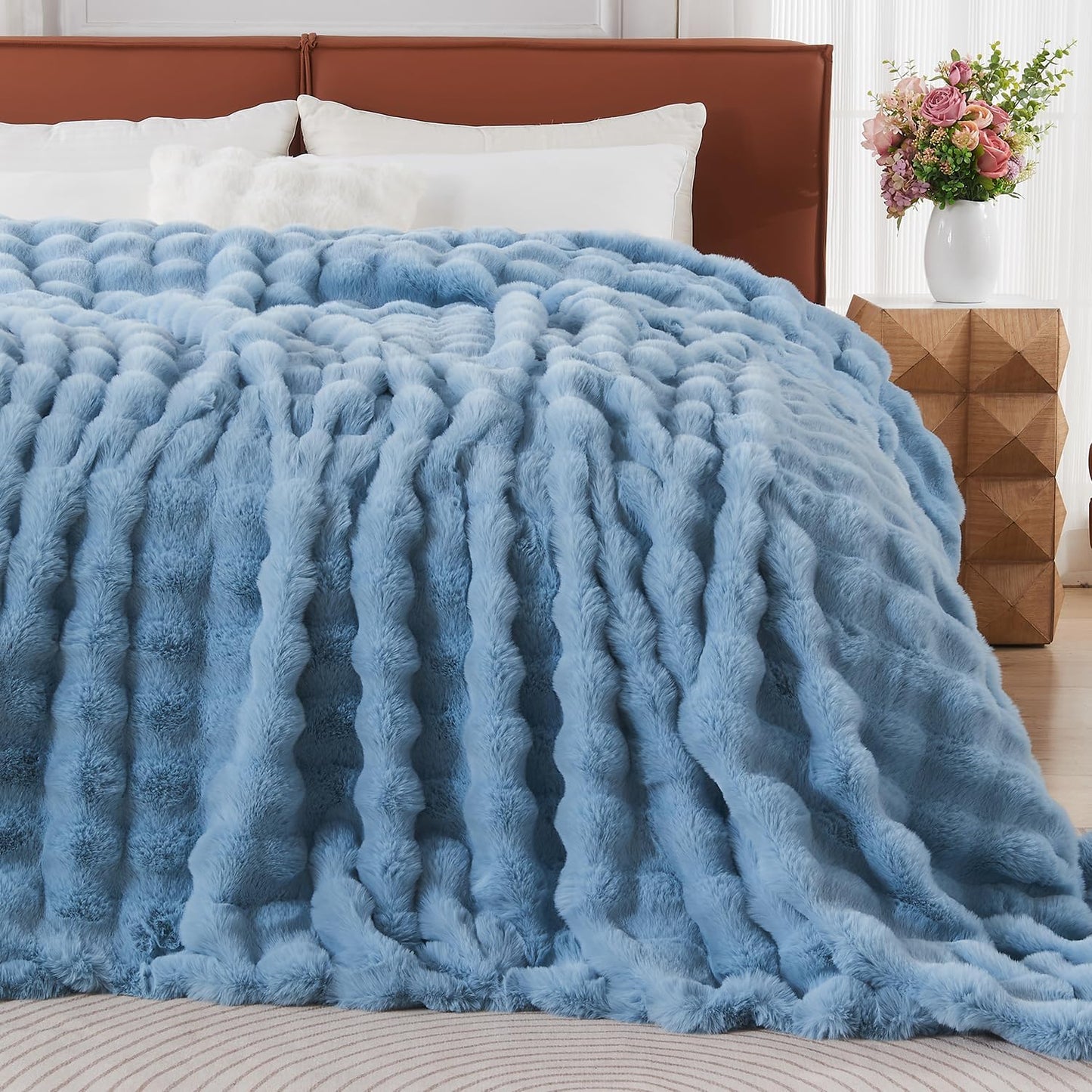 Lotus Karen Faux Fur Throw Blanket Sky Blue - Big Bubble Rabbit Fluff Blanket for Couch Bed Sofa,Softest Fluffy Fuzzy Cozy Blanket,Thick Furry Plush Shaggy Warm Blankets for Women,108x90 Inches